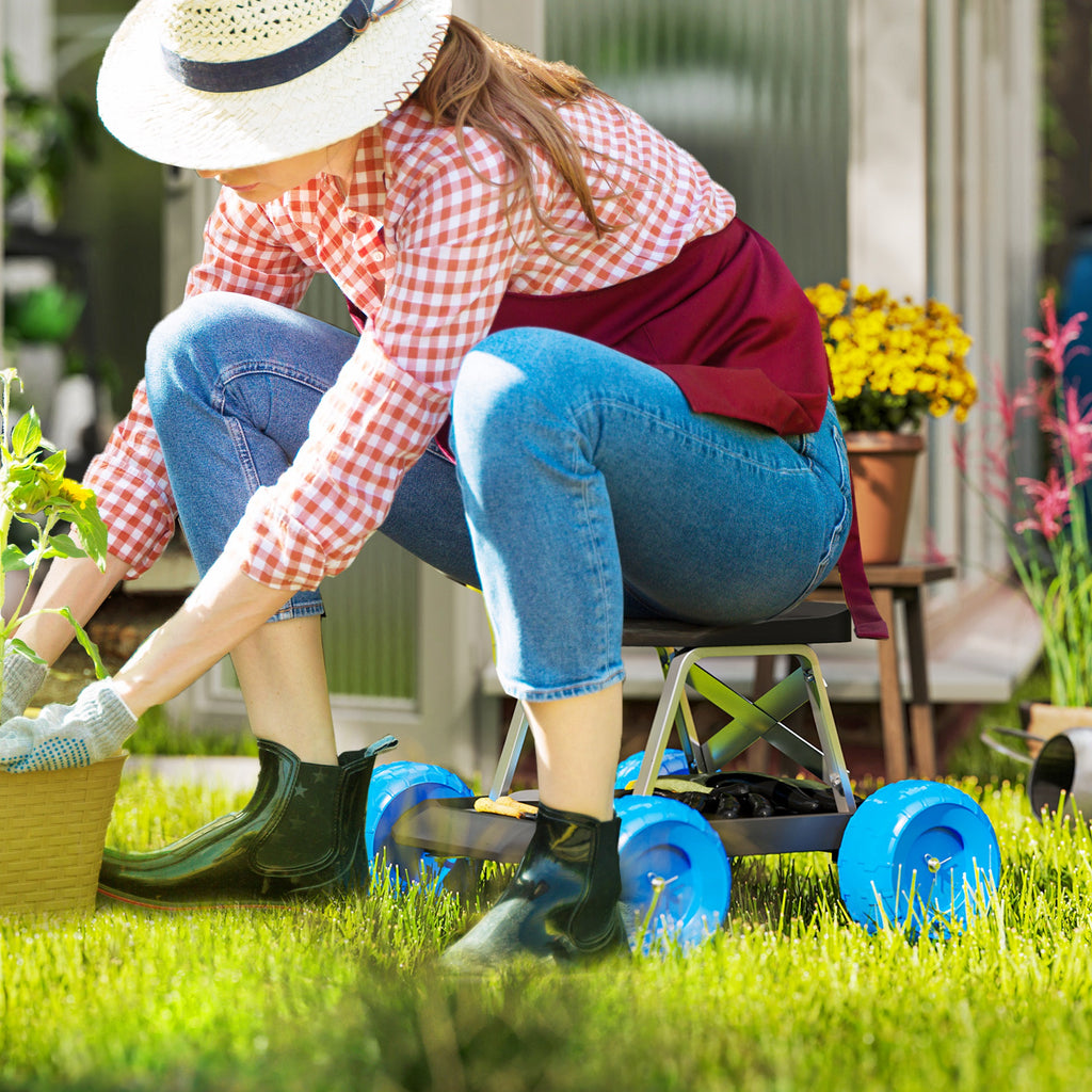 Outsunny Gartenhocker auf Rollen Gartenarbeitstool-Tablett zum Jäten Pflanzen 50 x 49 x 32 cm blau