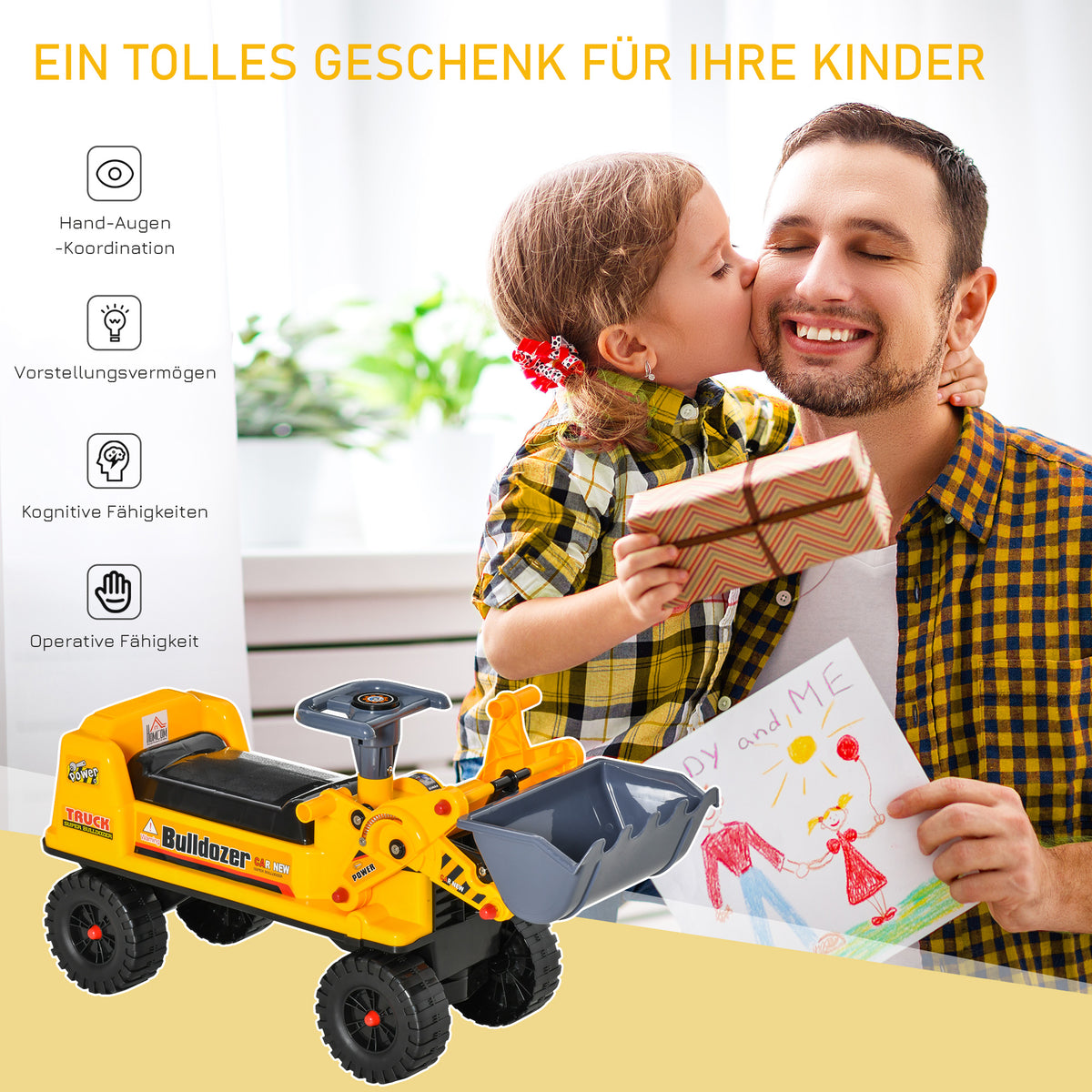 HOMCOM Sitzbagger für Kinder Rutsch Auto Sandspielzeug Rutscherfahrzeug für Kinder 2-3 Jahre PP-Kunststoff ABS Gelb+Schwarz+Grau 70 x 26 x 37 cm