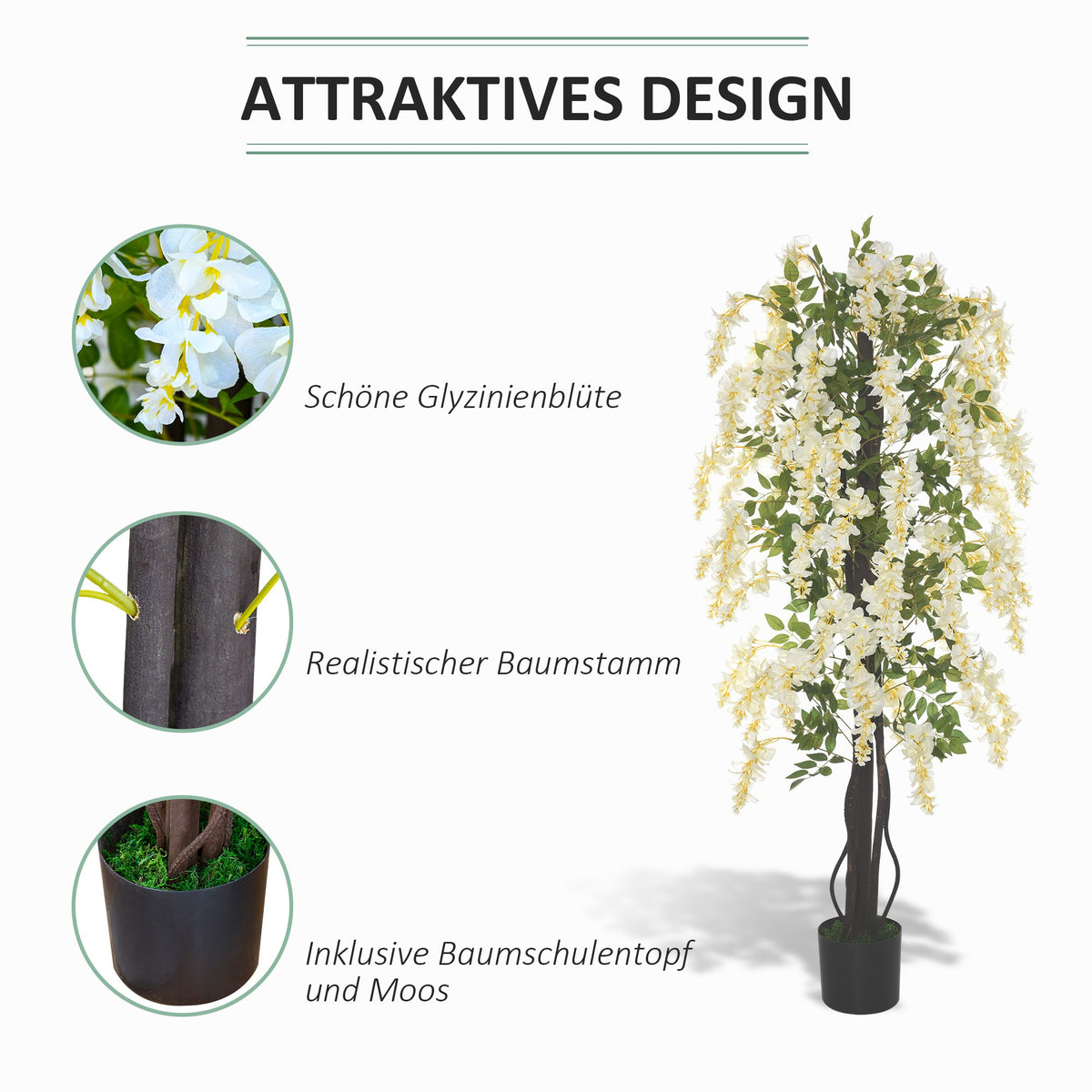 Outsunny Künstliche Glyzinien groß 165cm Kunstpflanze, Plastik Künstliche Pflanzen Kunstblumen im Topf, Fake Plant wie echt für Büro Wohnzimmer Schlafzimmer Moderne Dekoration Geschenk