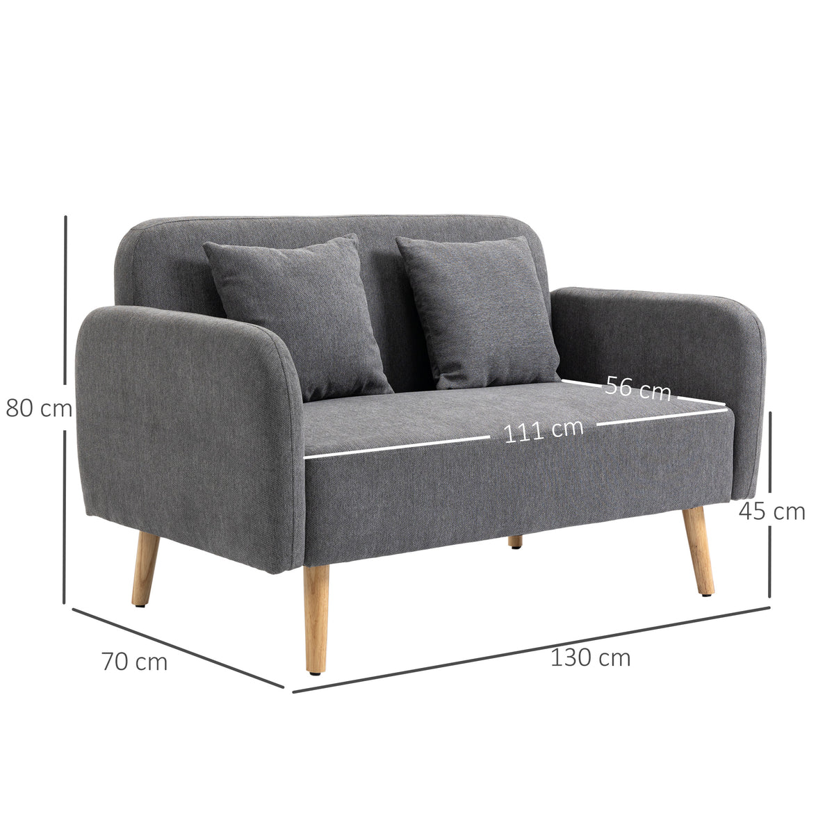 HOMCOM 2 Sitzer Sofa, Couch mit 2 Wurfkissen, gepolsterter Doppelsofa, Polstersofa mit Samtopik, Armlehne, Loveseat für Wohnzimmer, Schlafzimmer,  130 x 70 x 80 cm, Grau