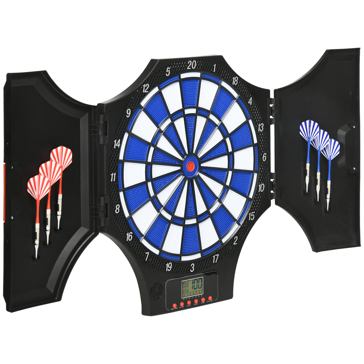 SPORTNOW Dartscheibe, elektronisch, 31 Spiele und 285 Programme, für 8 Spieler, 2 Türen, 6 Pfeile, Sound, schwarz, 83 x 45 x 4 cm