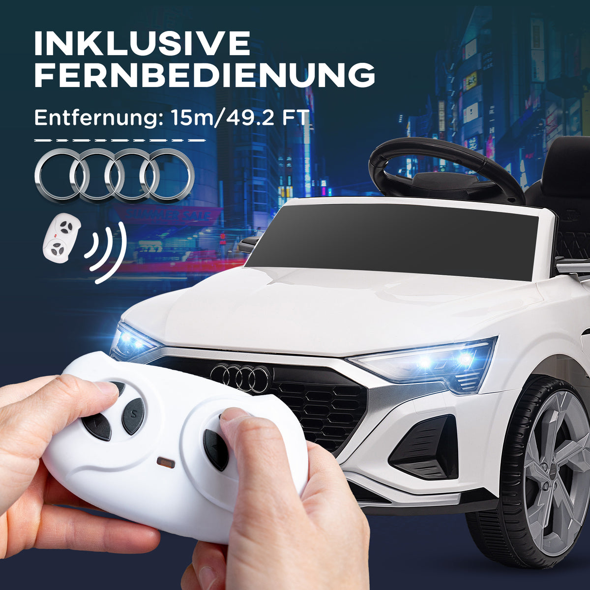 AIYAPLAY Elektro-Kinderauto, 12V Audi Q8, 3-5 km/h, Fernsteuerung, Scheinwerfer, Musik, Weiß