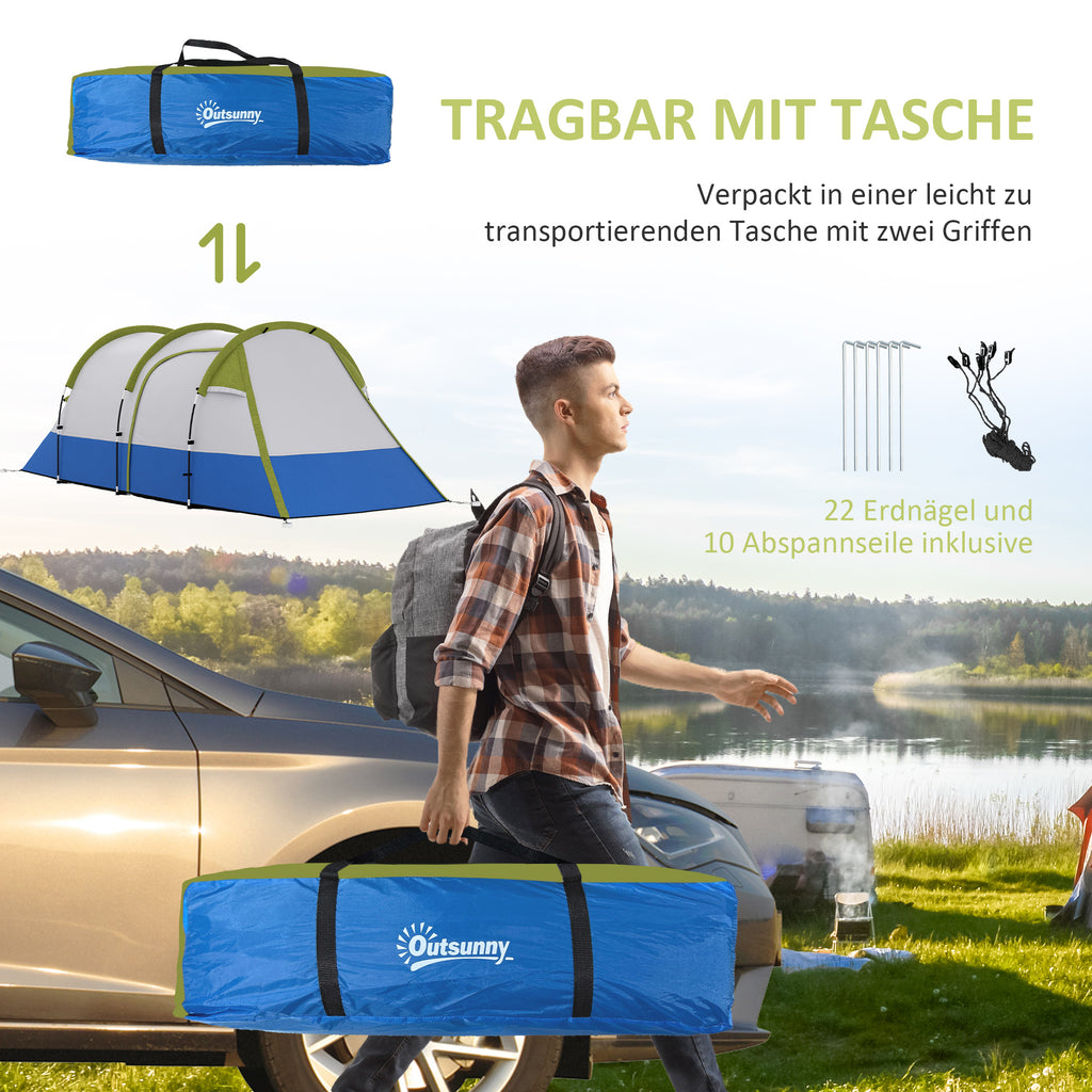Outsunny Campingzelt, für 3 Personen, Laternenhaken, drei Eingänge, wasserdicht, Grün