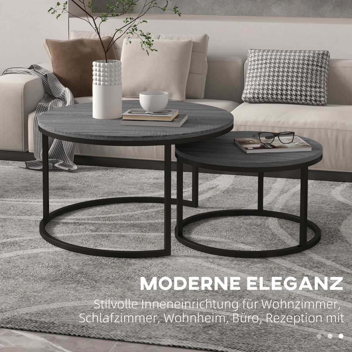 HOMCOM Couchtisch 2er-Set, Beistelltisch mit Metallgestell, Sofatisch, stapelbar, Kaffeetisch, Wohnzimmer, Schlafzimmer, Schwarz