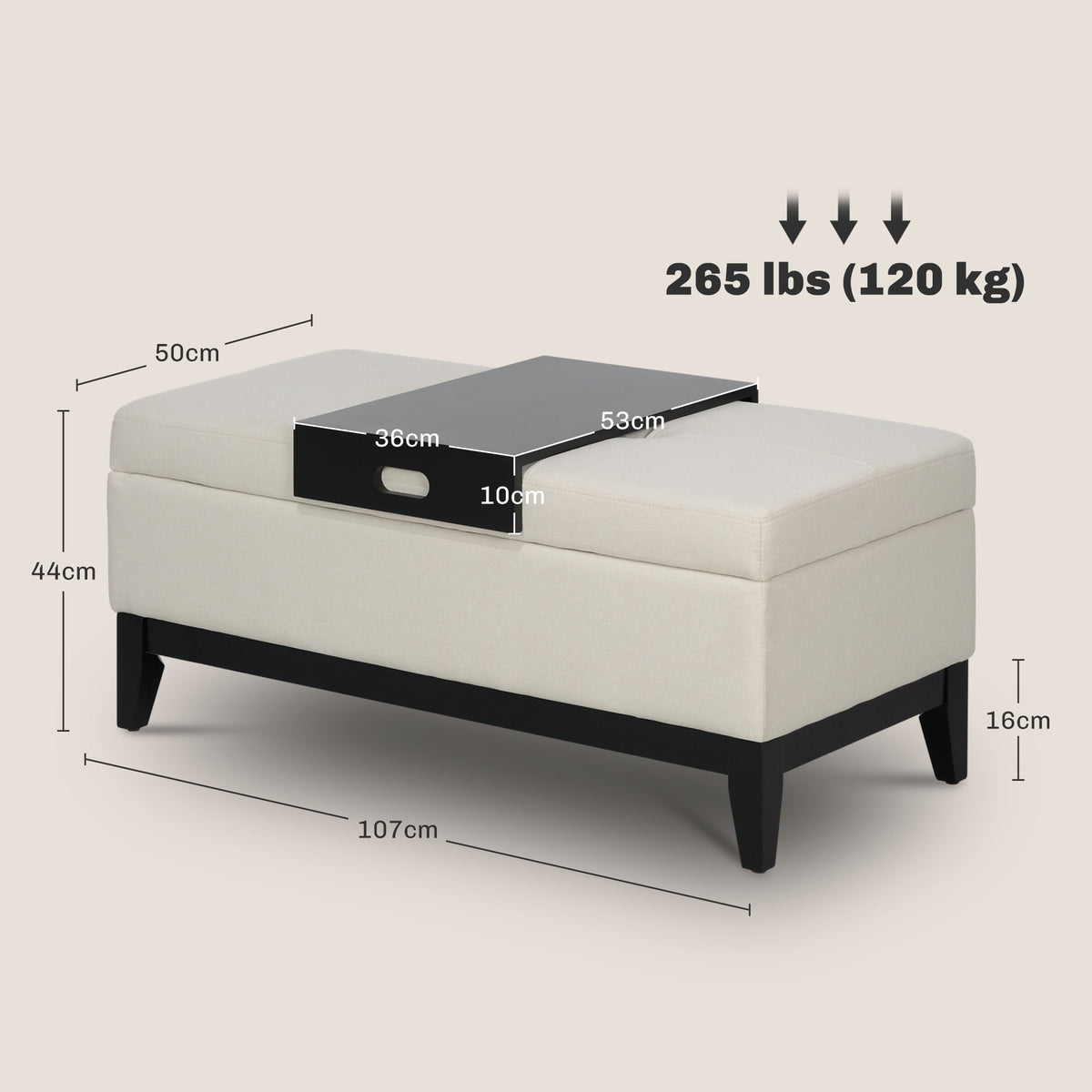 HOMCOM Hocker mit Stauraum, Tablett, Eukalyptusholzrahmen, bis 120 kg, 107 x 50 x 44 cm, Cremeweiß/Schwarz