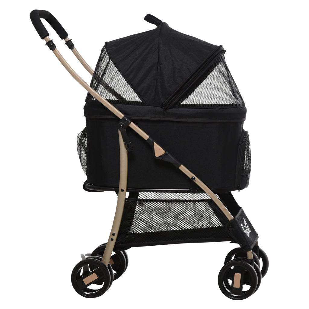 PawHut 2-in-1 Hundewagen und Transportkorb bis 10 kg Klappbar Netzfenster Bodenkorb 82 cm x 49,5 cm x 98 cm Schwarz