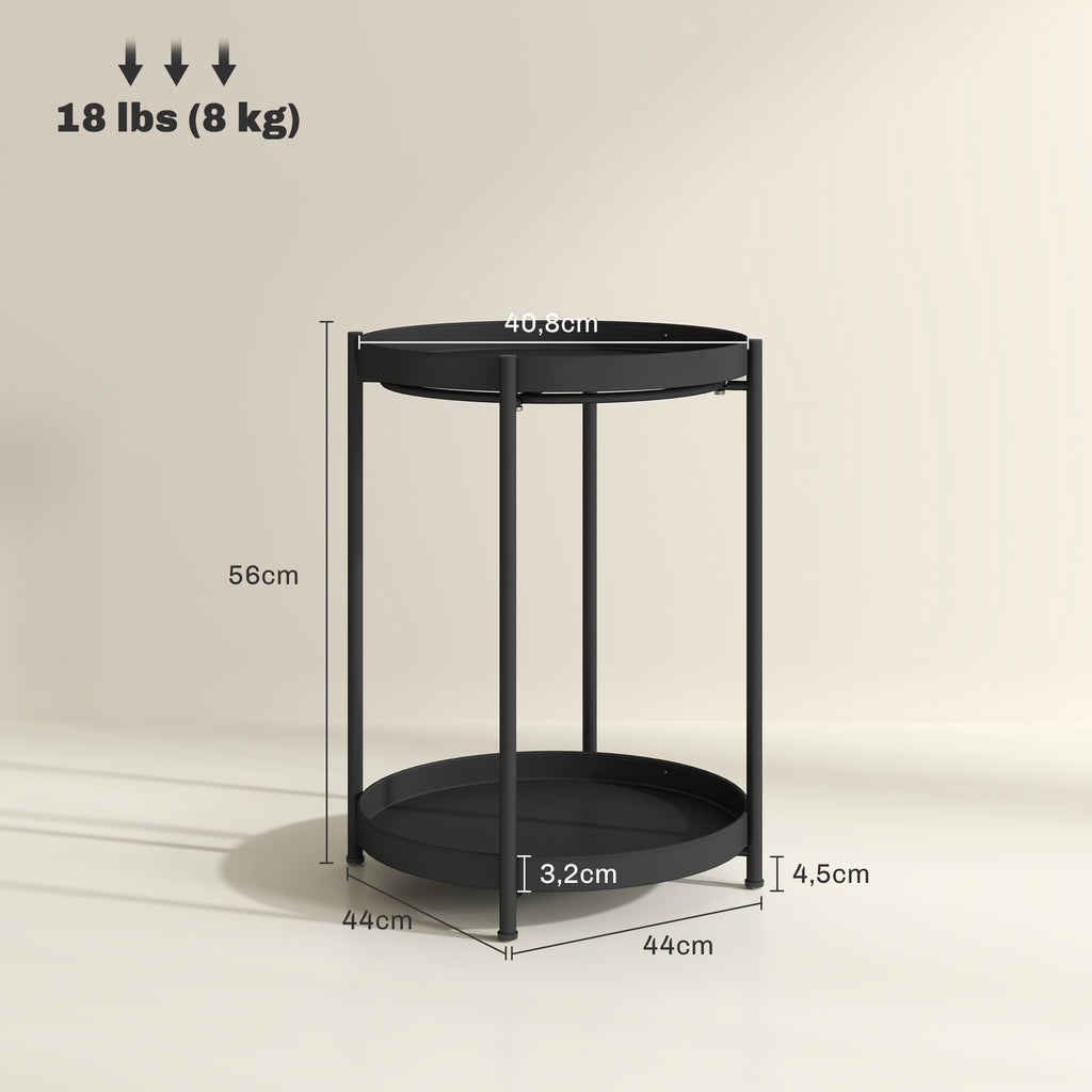 HOMCOM Runder Beistelltisch mit Regalboden, 2-stufiger Kaffeetisch für Wohnzimmer, Schlafzimmer, kleine Räume, Metall, Schwarz