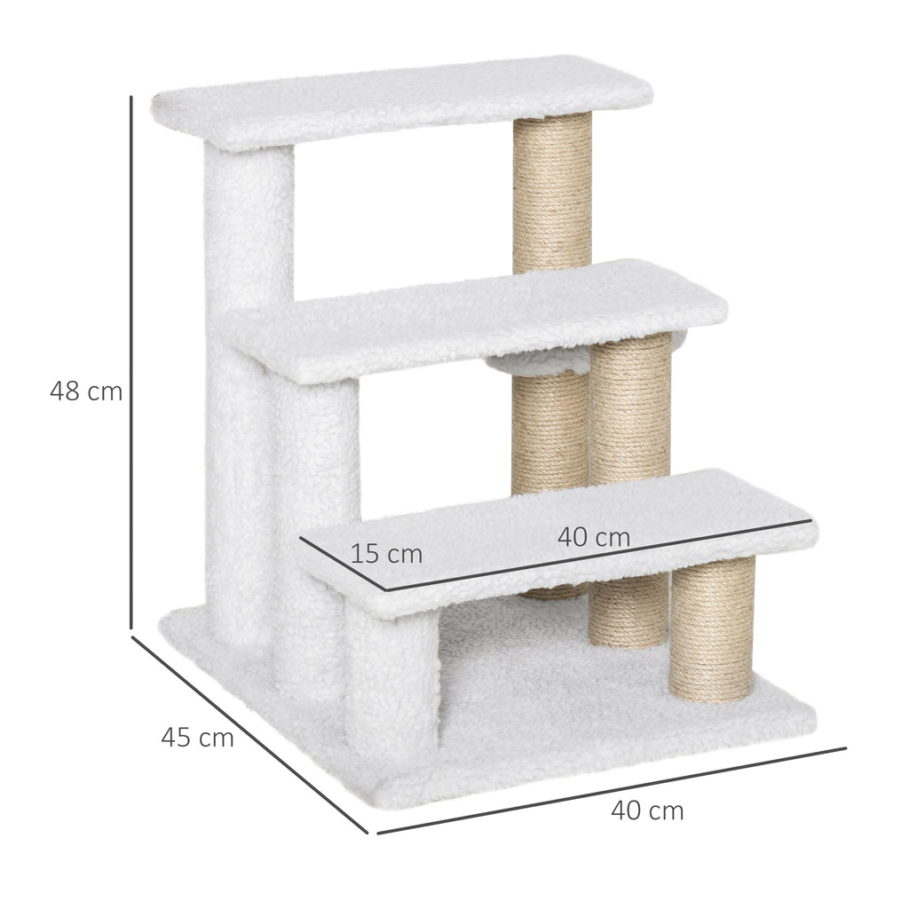 PawHut Katzentreppe 3-stufige Haustiertreppe mit Kratzsäulen Ball Hundetreppe Tiertreppe für Katzen bis 5 kg Plüsch Jute Weiß 45 x 40 x 48 cm