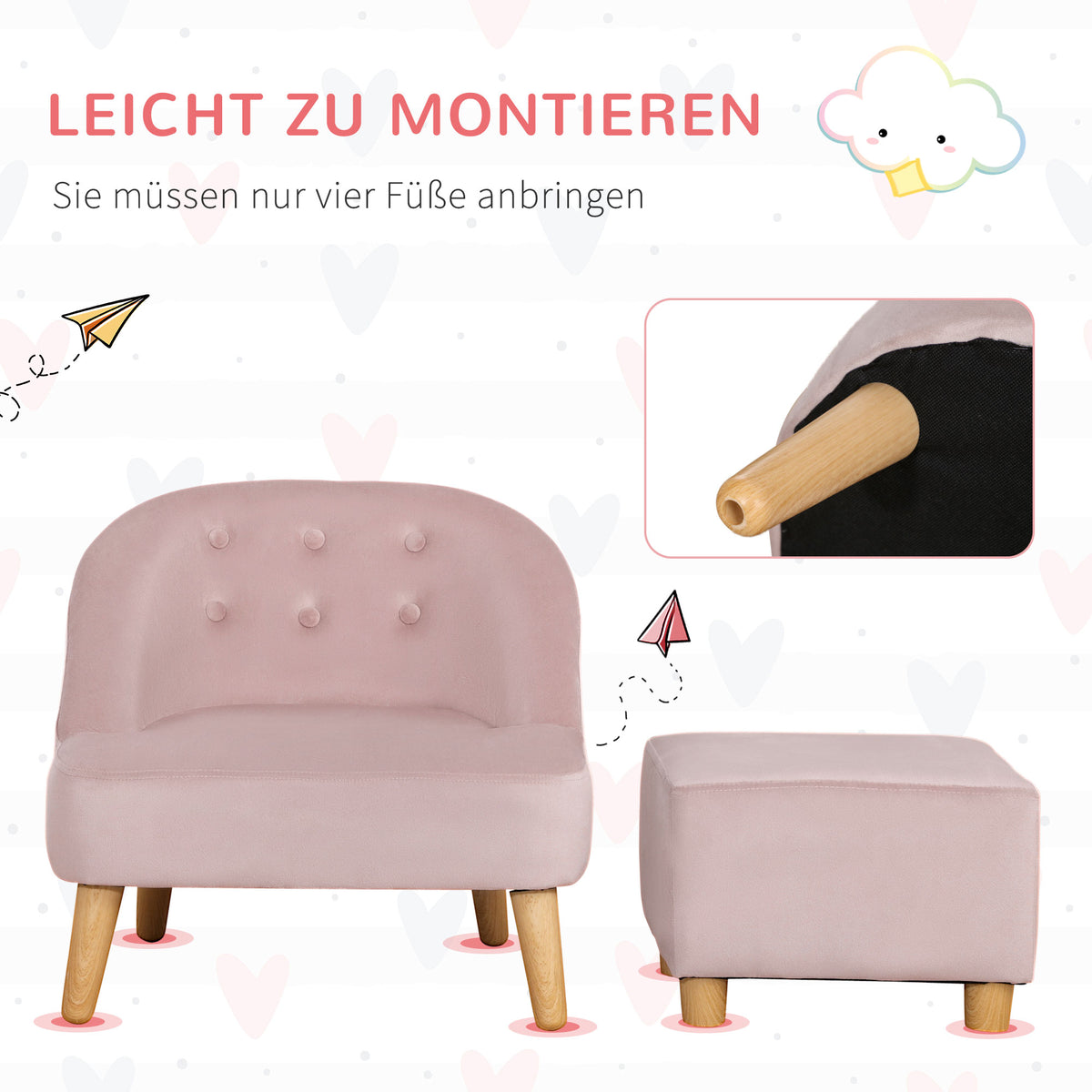 HOMCOM Kindersessel mit Ottomane für Kinder von 3 bis 5 Jahren Niedliches Design Samtoptik 51 cm x 51 cm x 50 cm Rosa