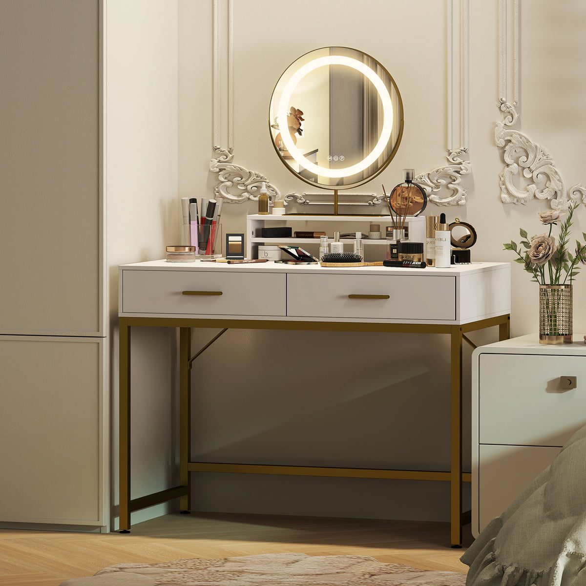 HOMCOM Kosmetiktisch mit 360° Spiegel, LED-Beleuchtung, 2 Schubladen, Weiß/Gold