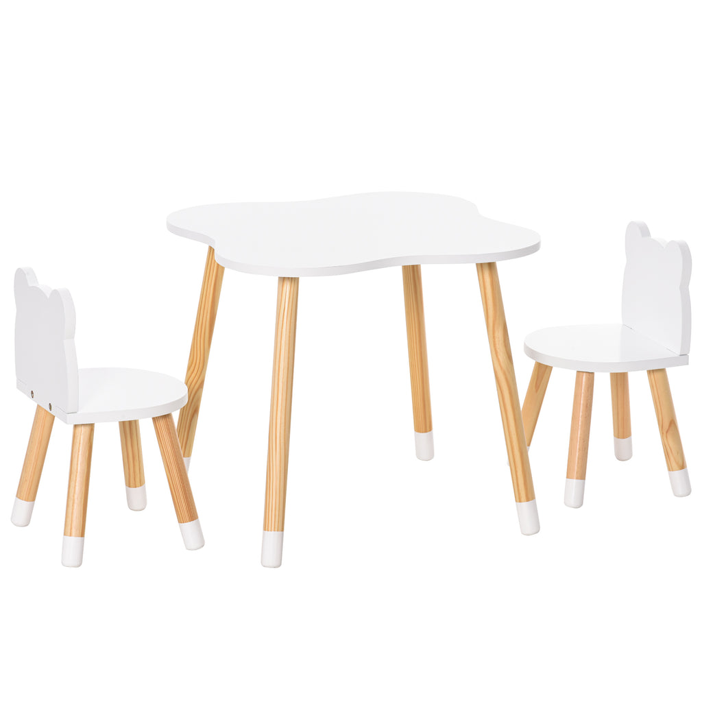 HOMCOM 3-teiliges Kindertisch-Set bogenförmige Kindersitzgruppe Tisch mit 2 Stühlen MDF Tischbeine aus Kiefernholz Weiß+Naturholz 56 x 56 x 50 cm