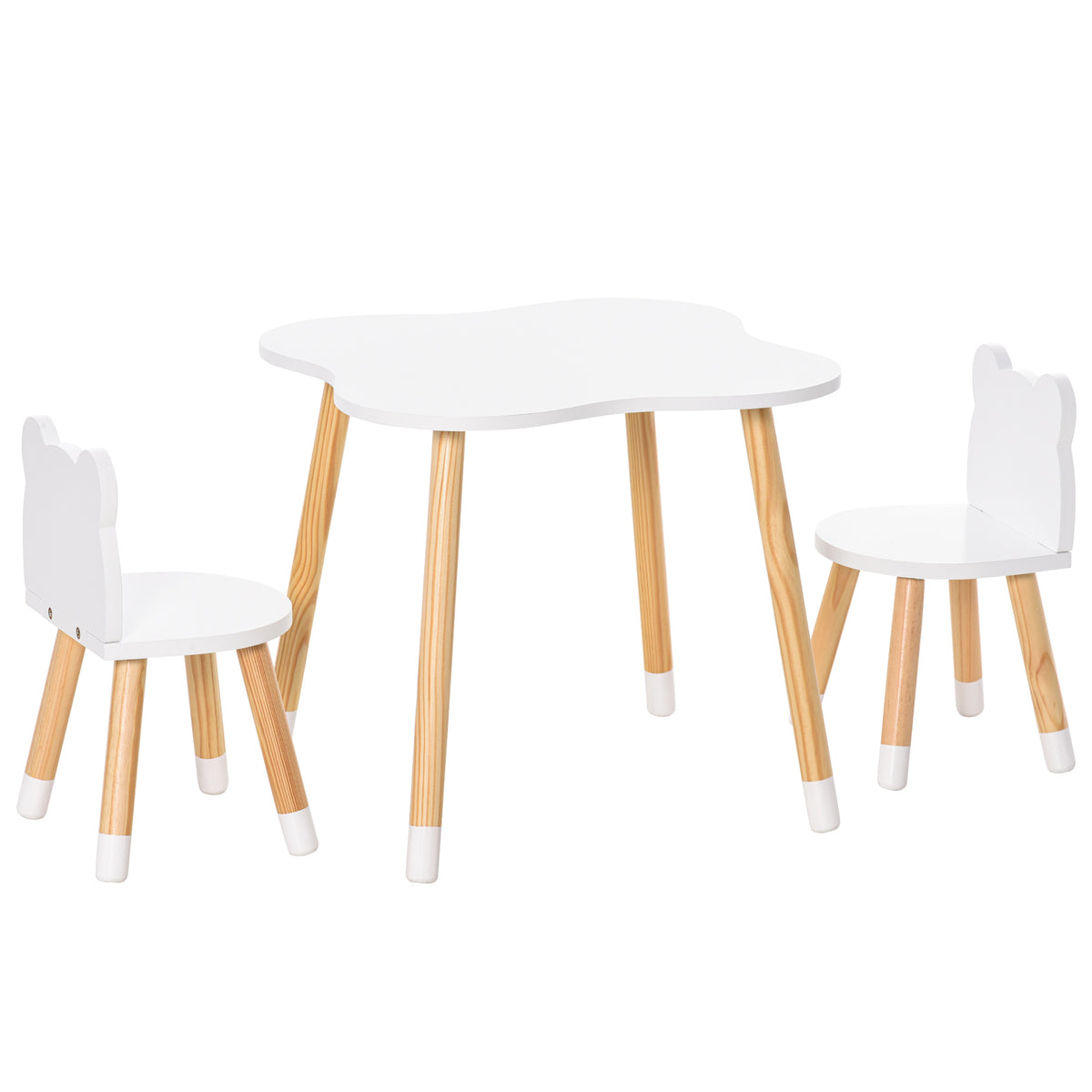 HOMCOM 3-teiliges Kindertisch-Set bogenförmige Kindersitzgruppe Tisch mit 2 Stühlen MDF Tischbeine aus Kiefernholz Weiß+Naturholz 56 x 56 x 50 cm