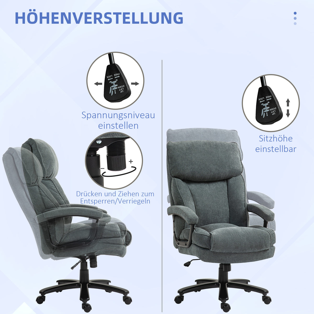 HOMCOM Großer hoher Bürostuhl, 200 kg Tragekapazität, robuste Konstruktion, weicher Bezug, Grau