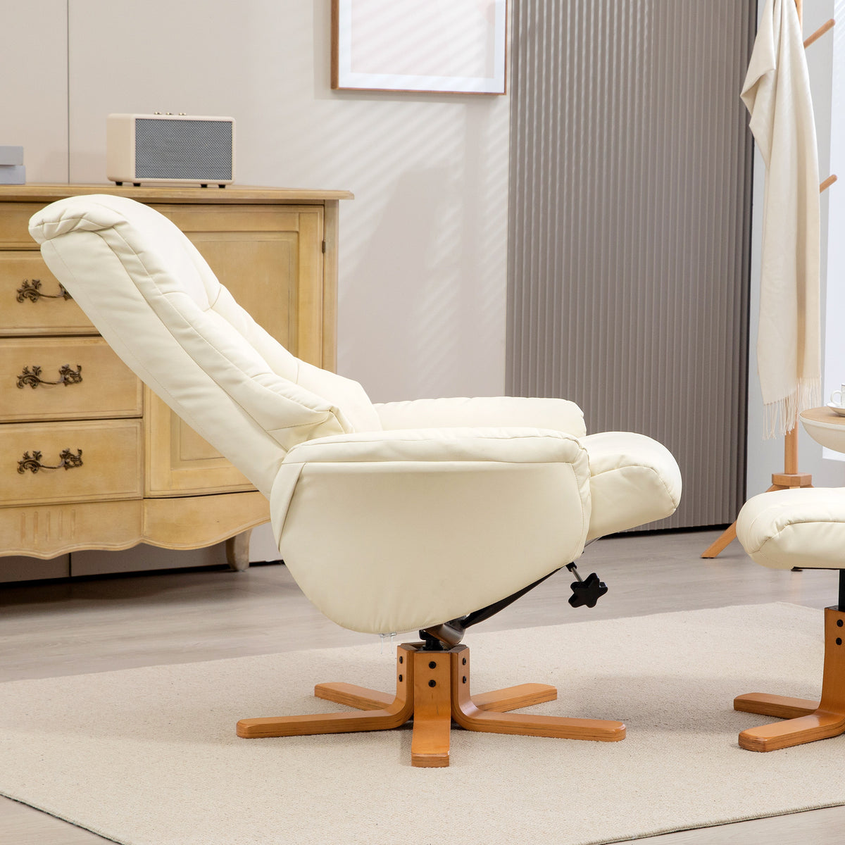 HOMCOM Relaxsessel mit Hocker, Liegefunktion, Kunstlederbezug, bis 150 kg, 71 x 84 x 102 cm, Cremeweiß