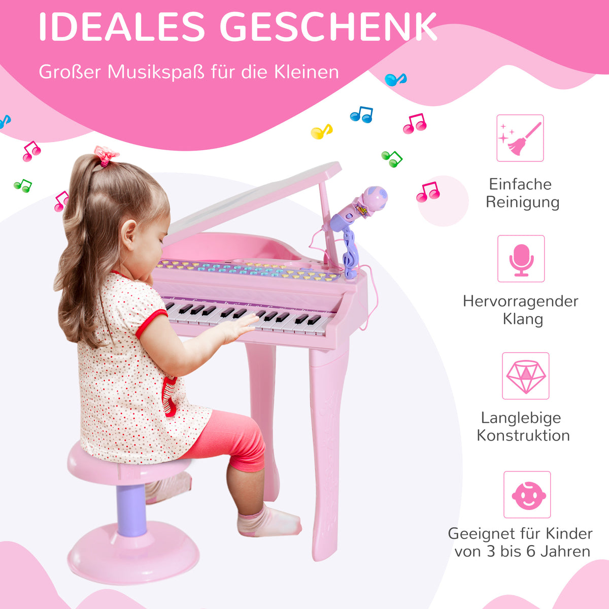 HOMCOM Kinder Klavier Mini-Klavier Piano Keyboard Musikinstrument MP3 USB inkl. Hocker 37 Tasten Rosa