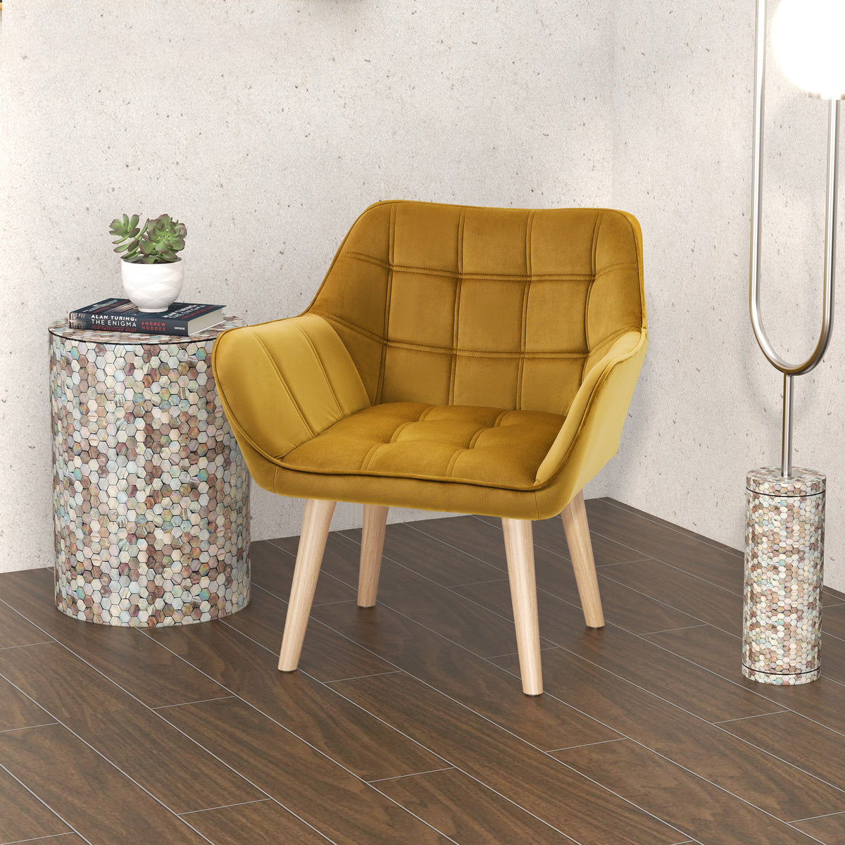 HOMCOM Polstersessel, Akzentsessel, Skandi Design, Samtoptik, bis 120 kg, Kautschukholzbeine, Gelb