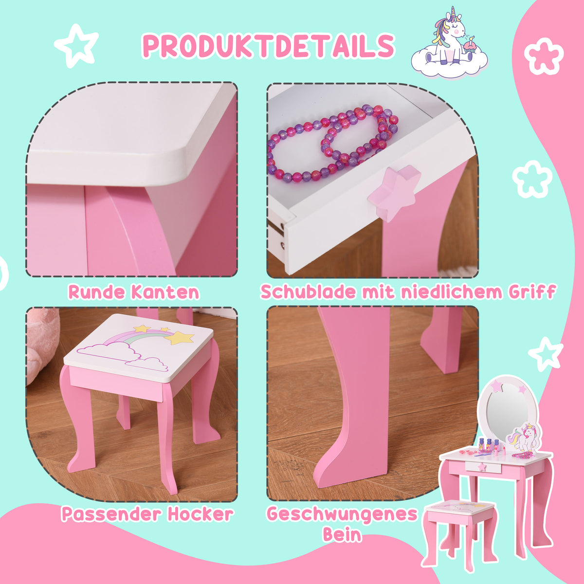 HOMCOM 2-Set Kinderschminktisch mit Hocker Frisiertisch Frisierkommode mit Schublade Spiegel für Kleinkind Mädchen Akryl Rosa+Weiß 49 x 34 x 90 cm