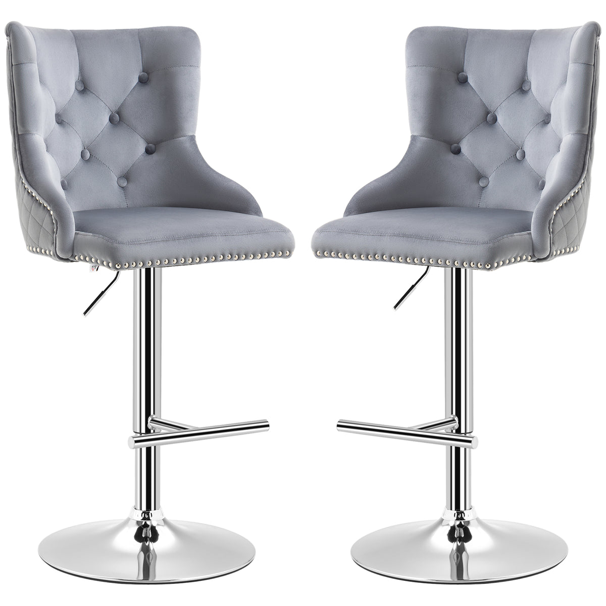 HOMCOM Barhocker, Sitzhocker, 2er-Set, höhenverstellbar, drehbarer Sitz, Fußstütze, Stahl, grau, 46 x 55 x 123cm