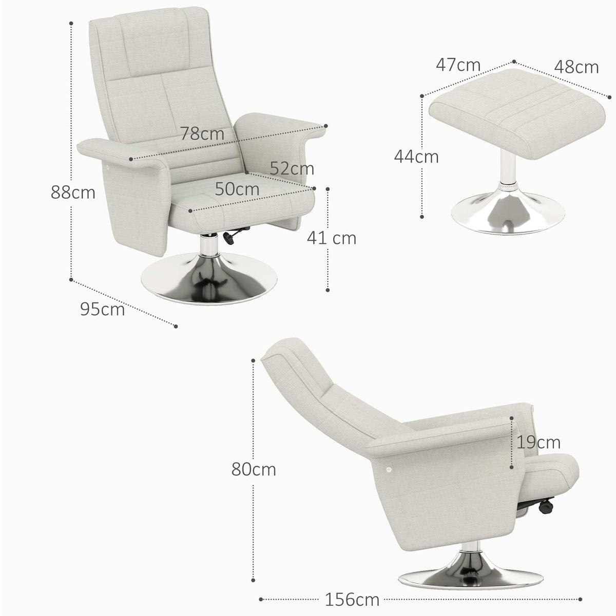 HOMCOM Massagesessel mit Hocker, neigbare Lehne, 78 x 95 x 88 cm, Creme