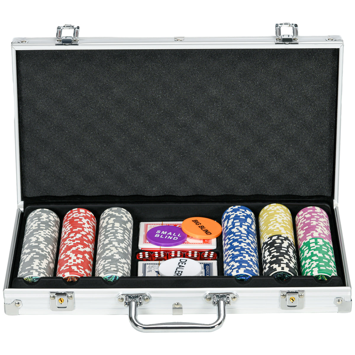 SPORTNOW Casinozubehör und Chips Pokerset mit Chips Pokerchip-Koffer, inkl. Unterlage, Set mit 300 Chips, 2 Kartenspielen, 5 Würfeln