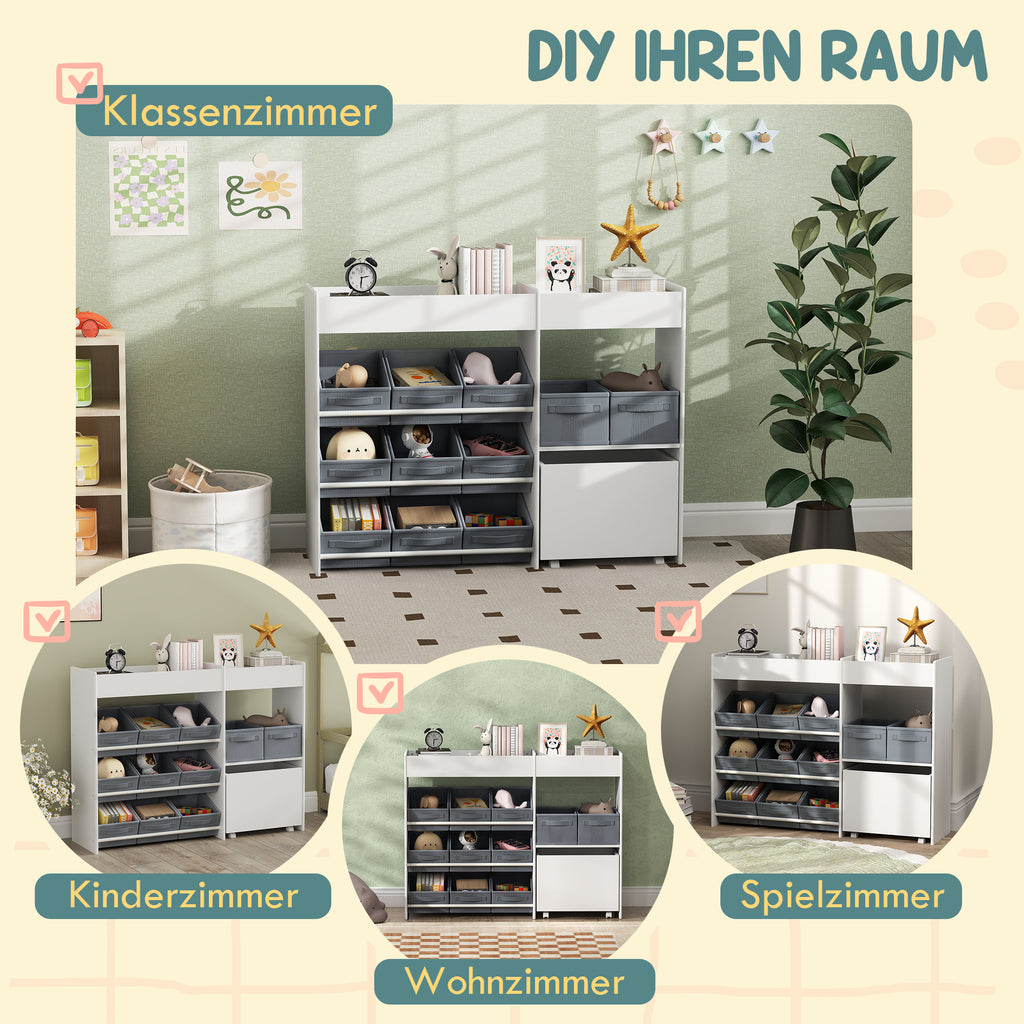 AIYAPLAY Kinder-Aufbewahrungsregal, Spielzeugschrank für Kinder mit 11 Stoffboxen, oberen Fächern, 3 Stickern, Weiß