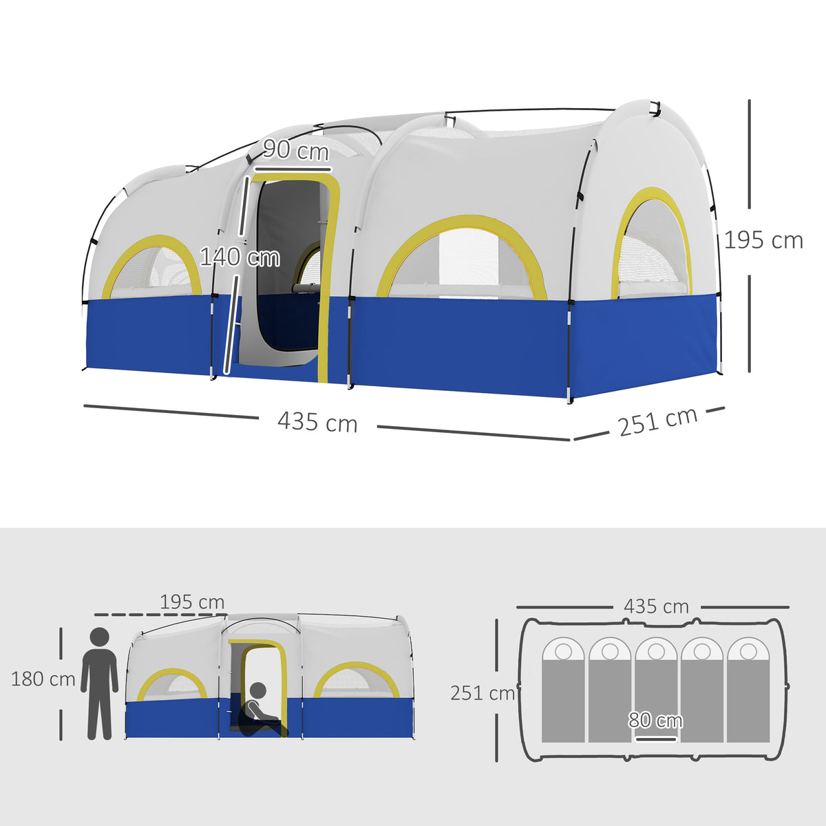 Outsunny Familien-Campingzelt, 2 Schlafzimmer, zentraler Raum, wasserdicht, Blau