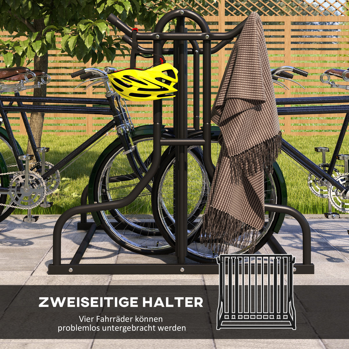 DURHAND Fahrradständer für 4 Fahrräder, wetterbeständig, zusätzliche Halterung, 90 x 80 x 80 cm, Schwarz