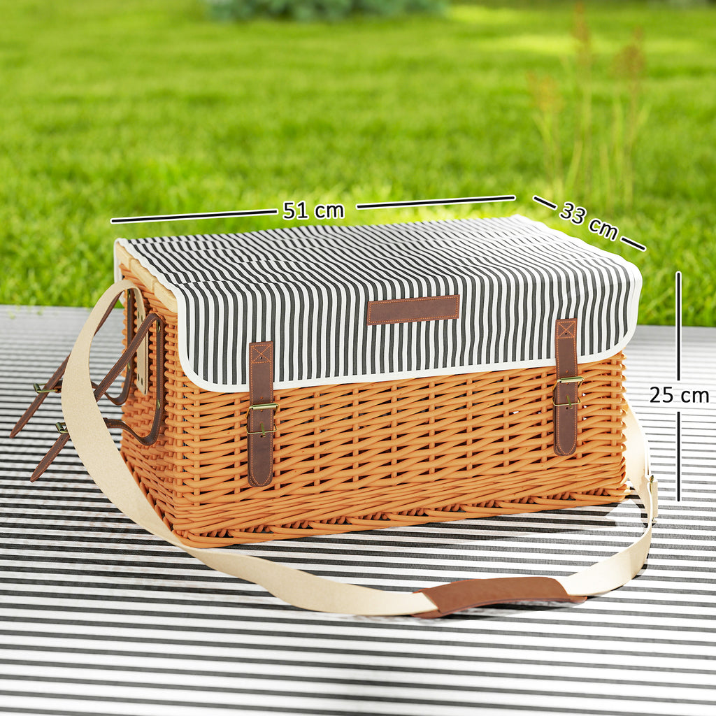 Outsunny Picknickkorb aus Weidenholz Picknickkoffer für 4 Personen mit Picknickdecke Besteck Set, Flascheöffner Hellbraun