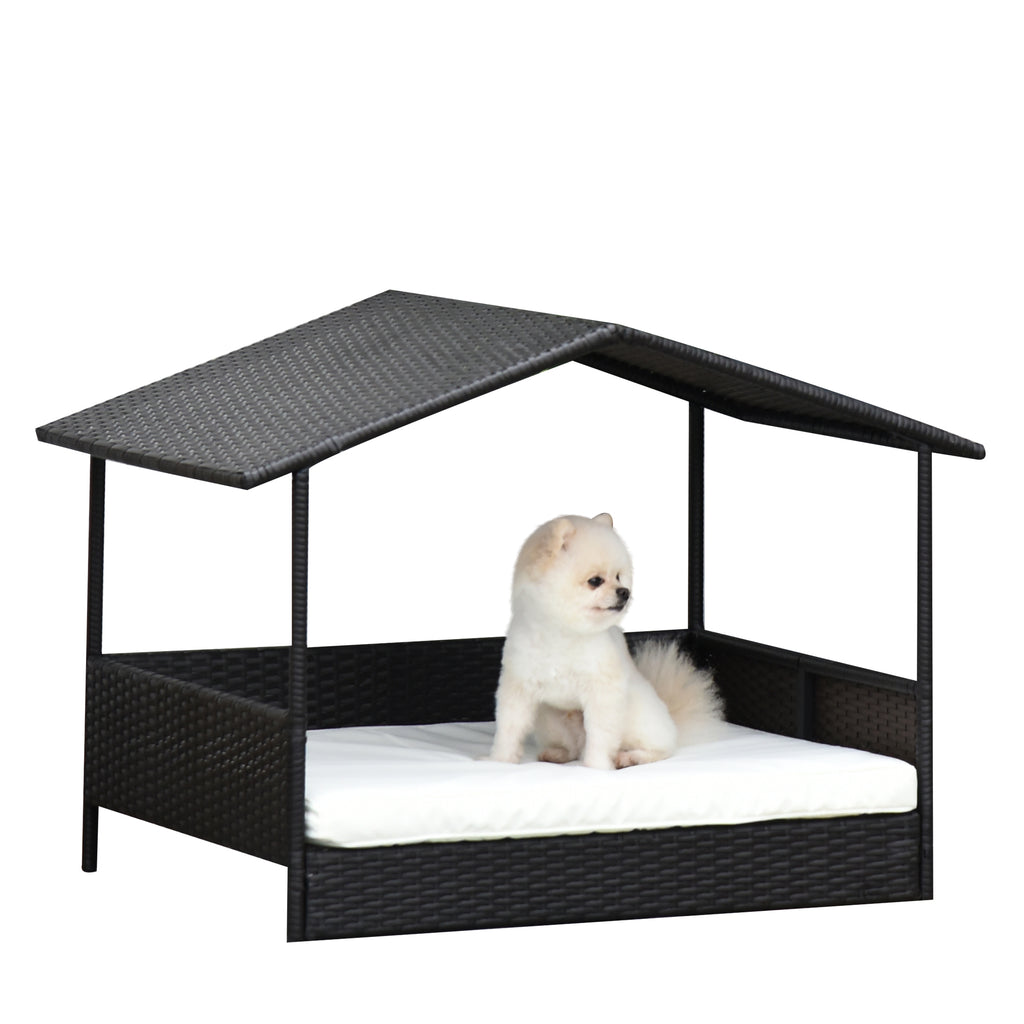 PawHut Rattan Hundeliege Outdoor mit Dach, Erhöhtes Hundebett für kleine und mittelgroße Hunde, Kühlendes Haustierliege mit Metallrahmen, Haustierbett für Draußen, 69 x 98 x 70 cm, Kaffee-Braun