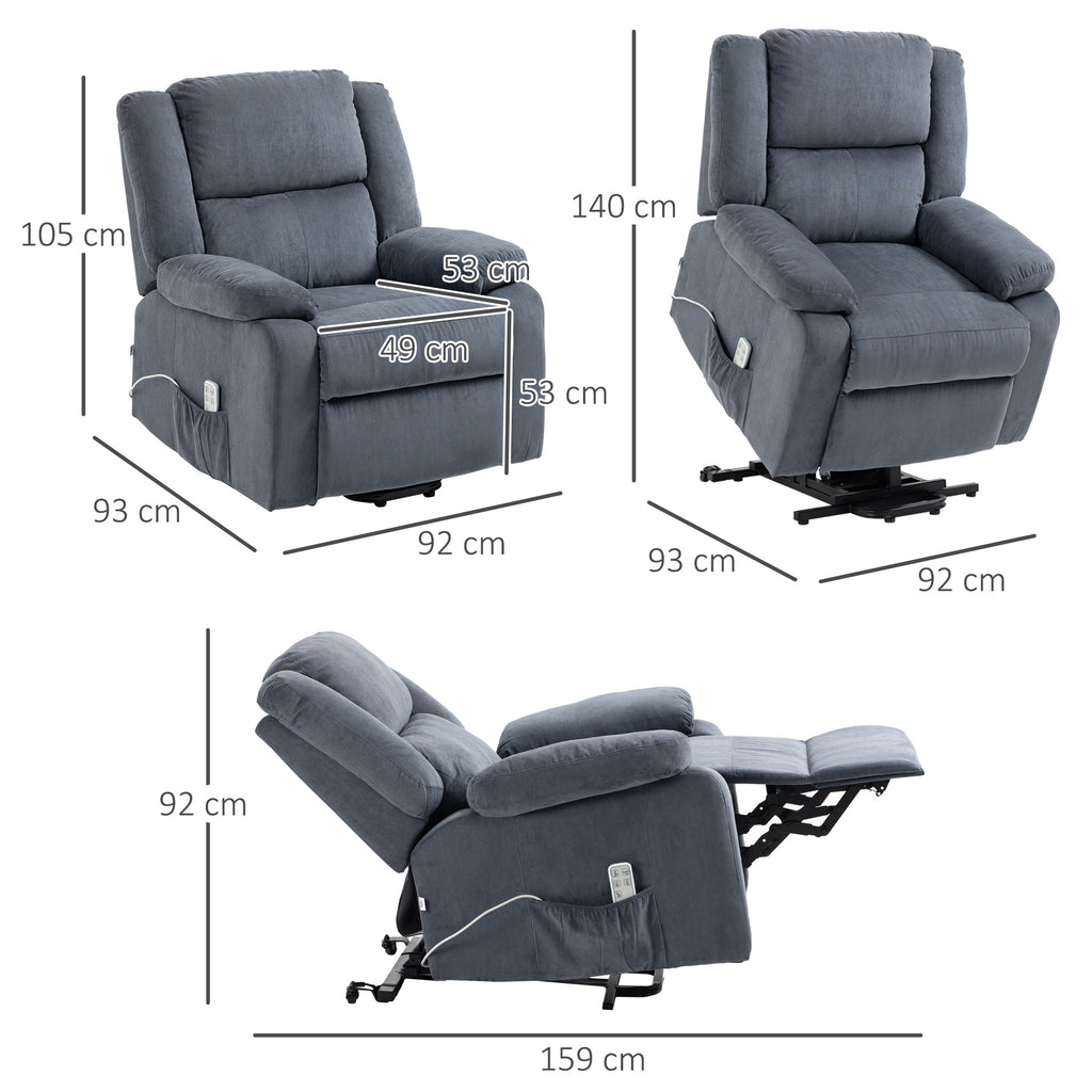 HOMCOM Aufstehsessel, Relaxsessel, mit Liegefunktion, Fernbedienung, Samtoptik, grau, 92 x 93 x 105 cm