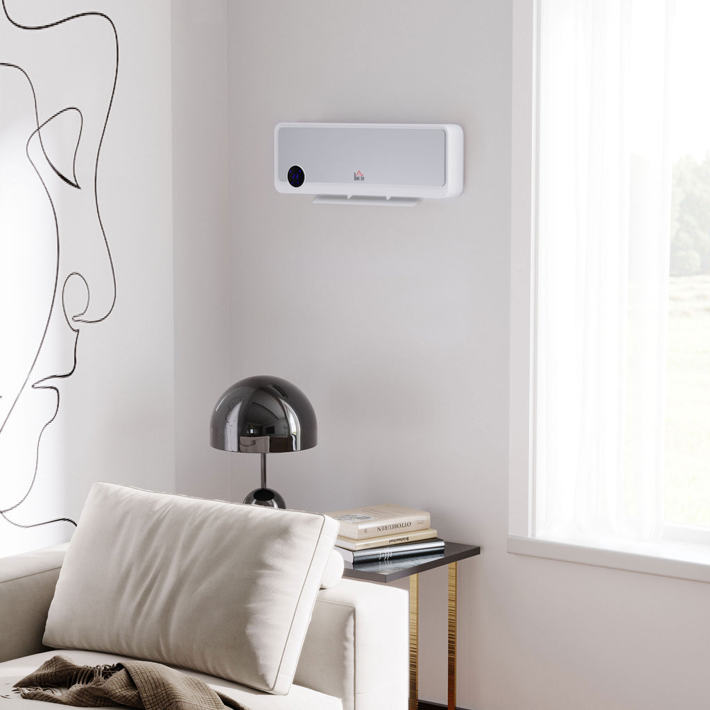 HOMCOM Wandmontierter oszillierender Heizlüfter 2000 W - Keramik-PTC-Heizung - 3 Leistungsstufen - Fernbedienung inklusive Weiß Silber