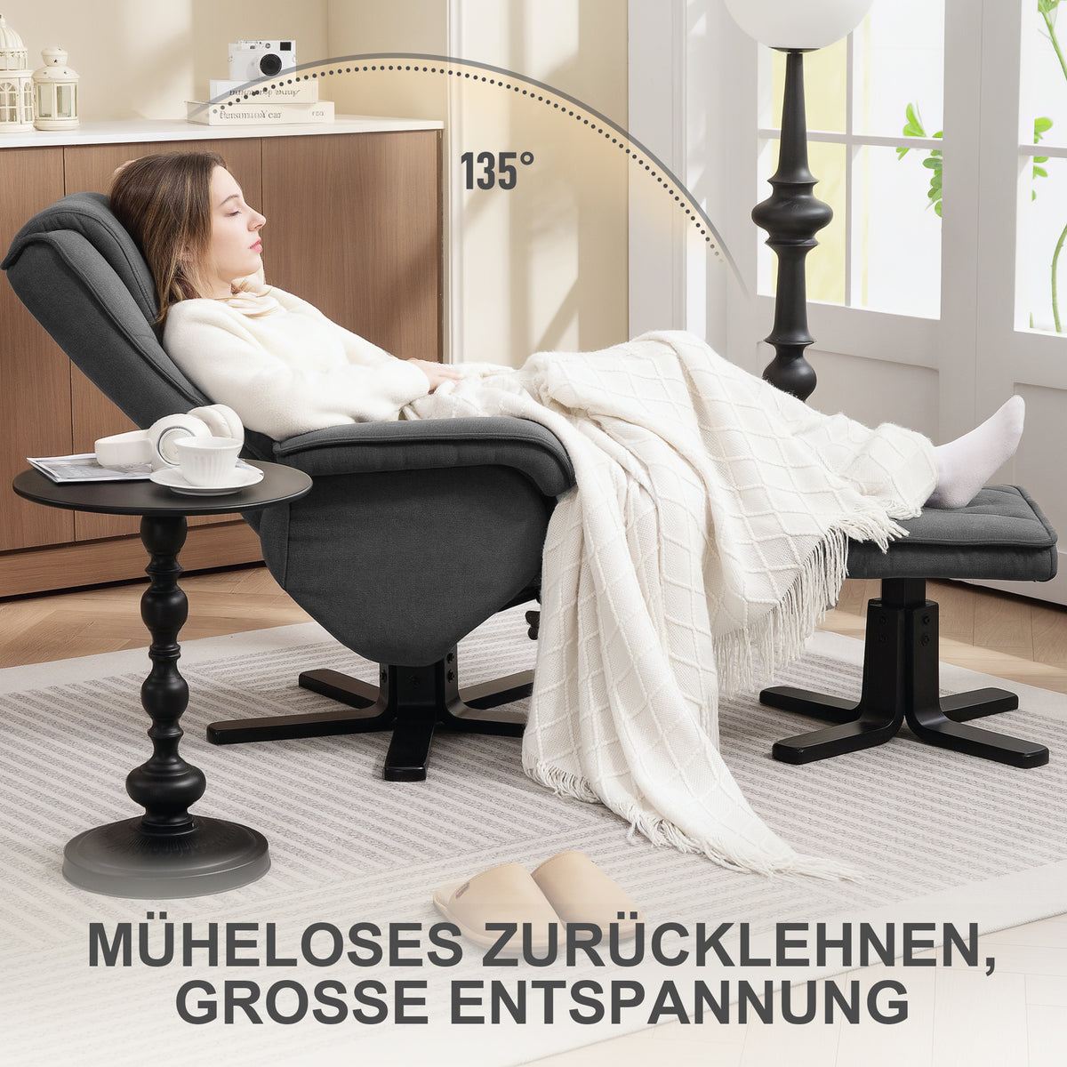 HOMCOM Schaukelbarer Relaxsessel mit Fußhocker, Stoffbezug in Samtoptik, drehbarer Polstersessel, Holzgestell, Grau