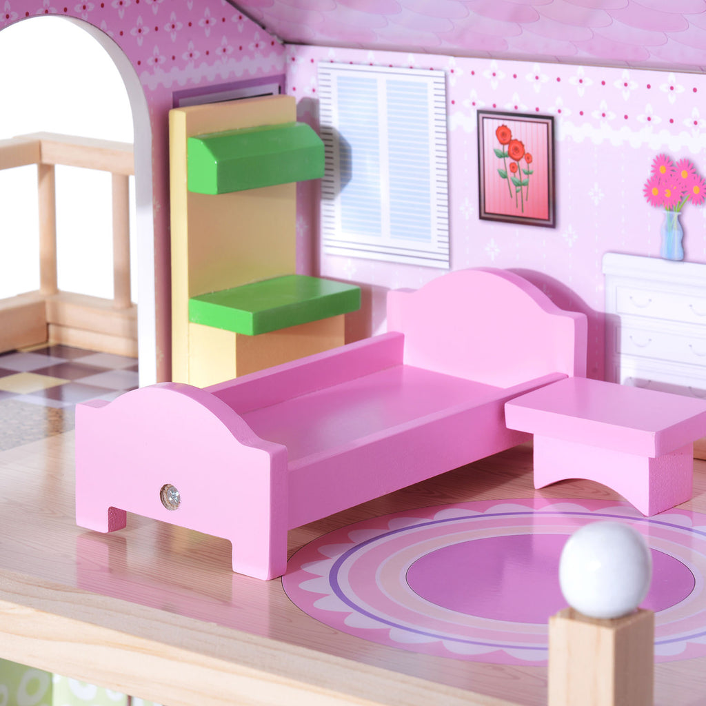 HOMCOM Puppenhaus aus Holz Puppenvilla für Kinder ab 3 Jahren Puppenstube Dollhouse 4 Etagen mit Möbel und Zubehör Spielzeug 60 x 30 x 80 cm