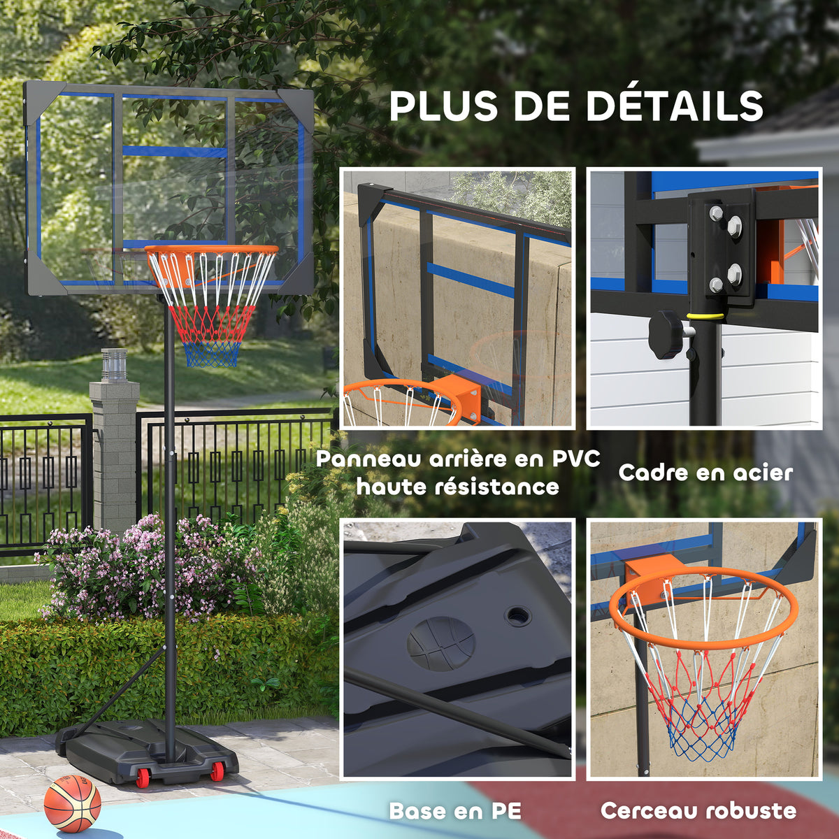 AIYAPLAY Basketballkorb für Kinder, höhenverstellbar von 210-260 cm, Outdoor und Indoor mit Rädern, Standfuß, Blau