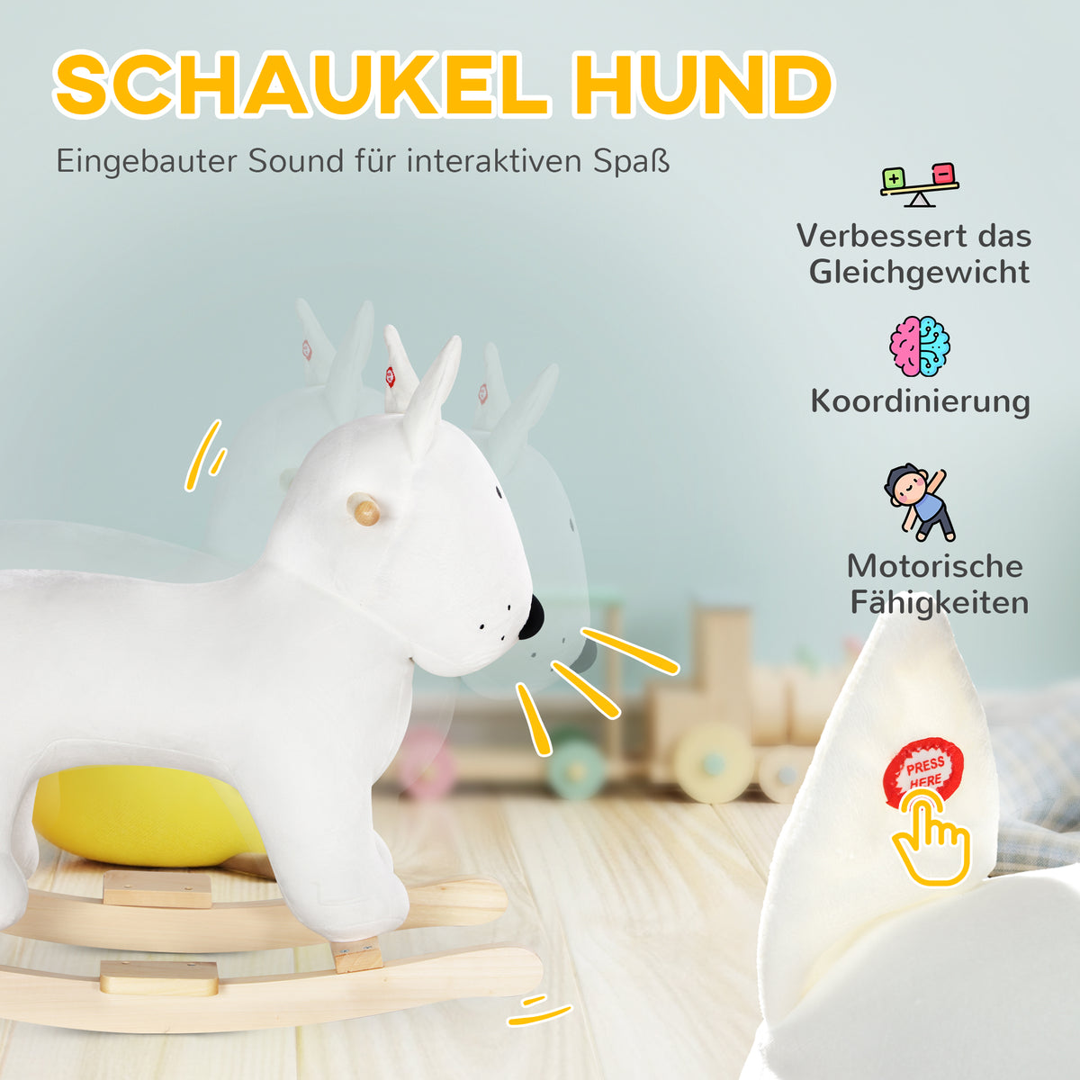 AIYAPLAY Schaukelpferd in Hundeform mit Soundfunktion, aus Holz und Metall, mit Plüschbezug, 2-4 Jahre, Weiß