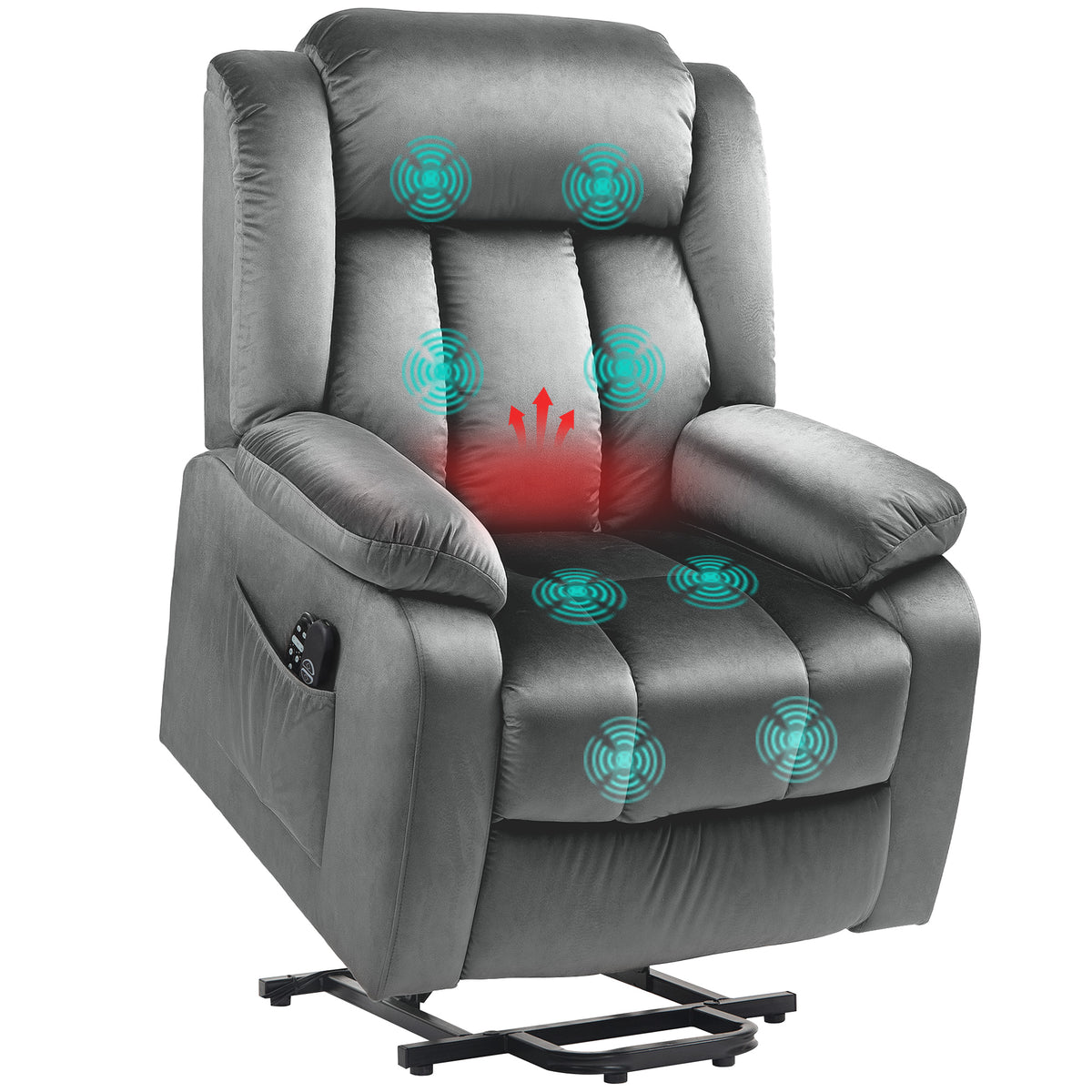 HOMCOM Aufstehsessel mit Massagefunktion und Lendenheizung, Recliner-Sessel mit Fernbedienungen und Seitentaschen, Grau