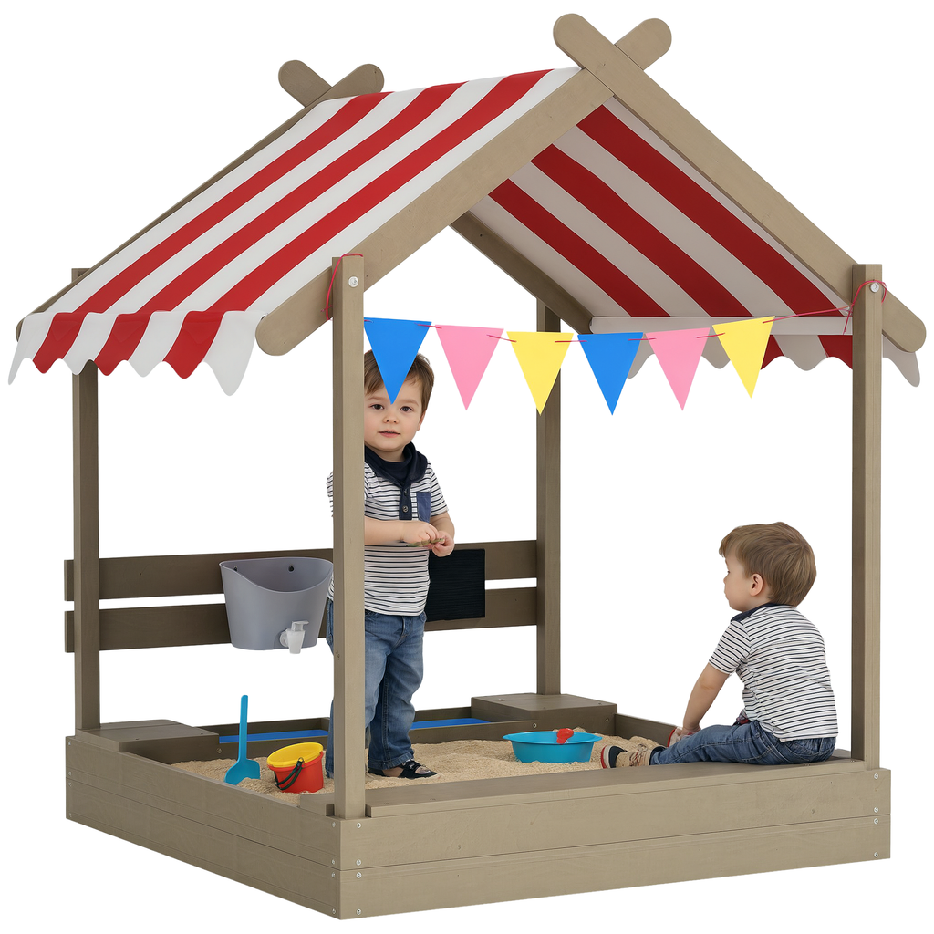 Outsunny Sandkasten mit Sonnenschutz, Spielhaus-Design, mit Spielzeug-Set, behandeltes Massivholz, 124 x 116 x 146 cm, Grau