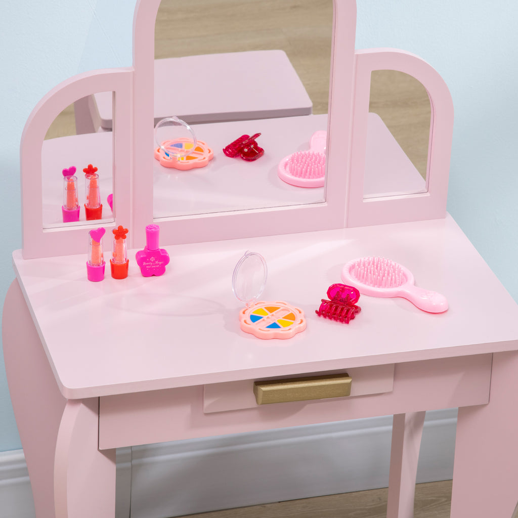HOMCOM Kinder-Frisiertisch mit Hocker 3 Spiegel und Schublade 3-6 Jahre 52 x 32 x 85 cm Rosa