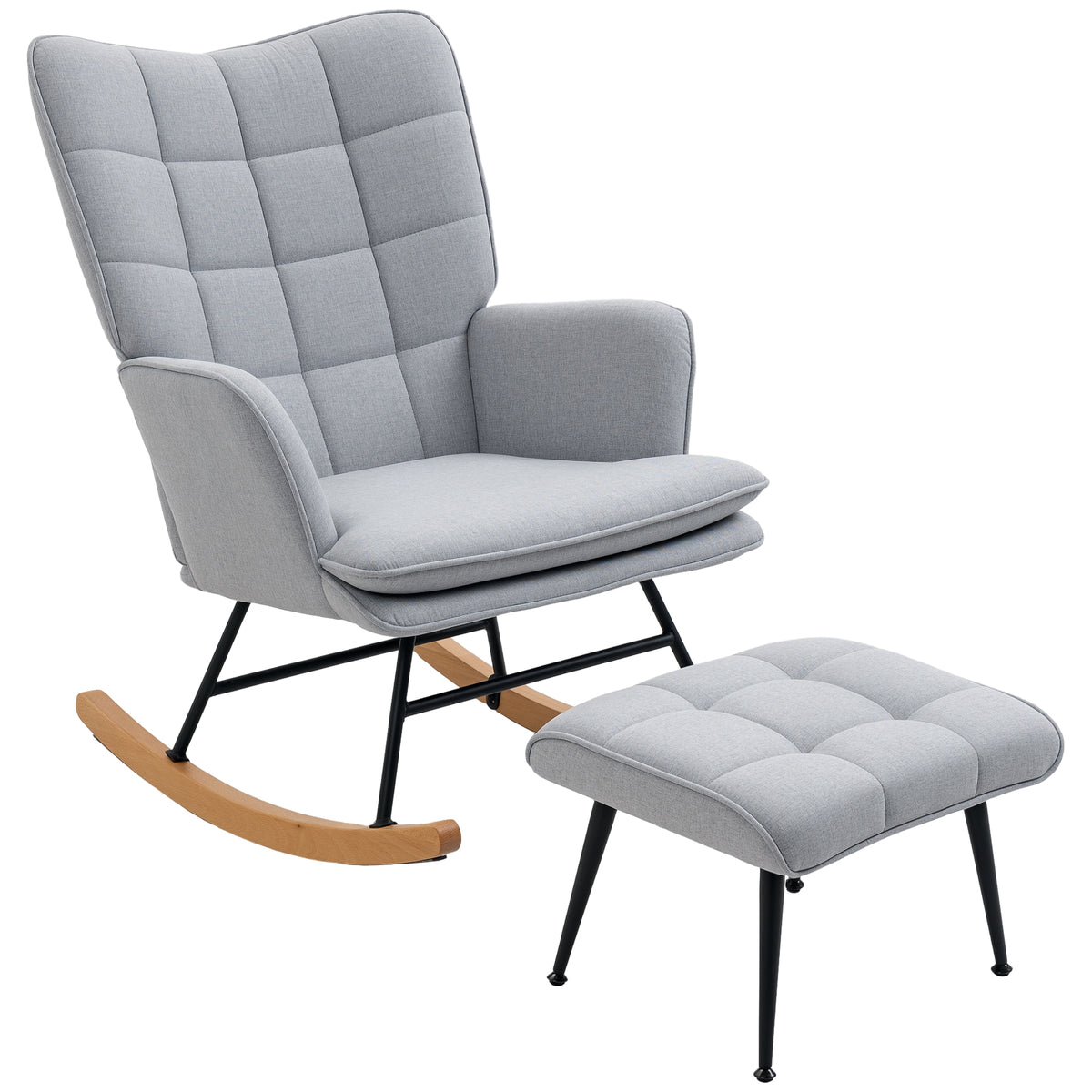 HOMCOM Schaukelstuhl mit Ottomane Skandidesign Schaukelstuhl mit Fußhocker, Buchenholz, Steppung, 64 cm x 89 cm x 90 cm Grau