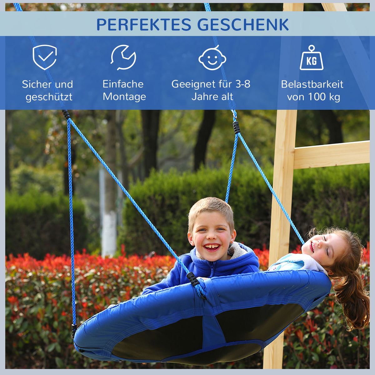 HOMCOM Ø100 cm Nestschaukel Kinderschaukel Vogelnestschaukel Outdoor Schaukel für Kinder Garten Oxford Blau