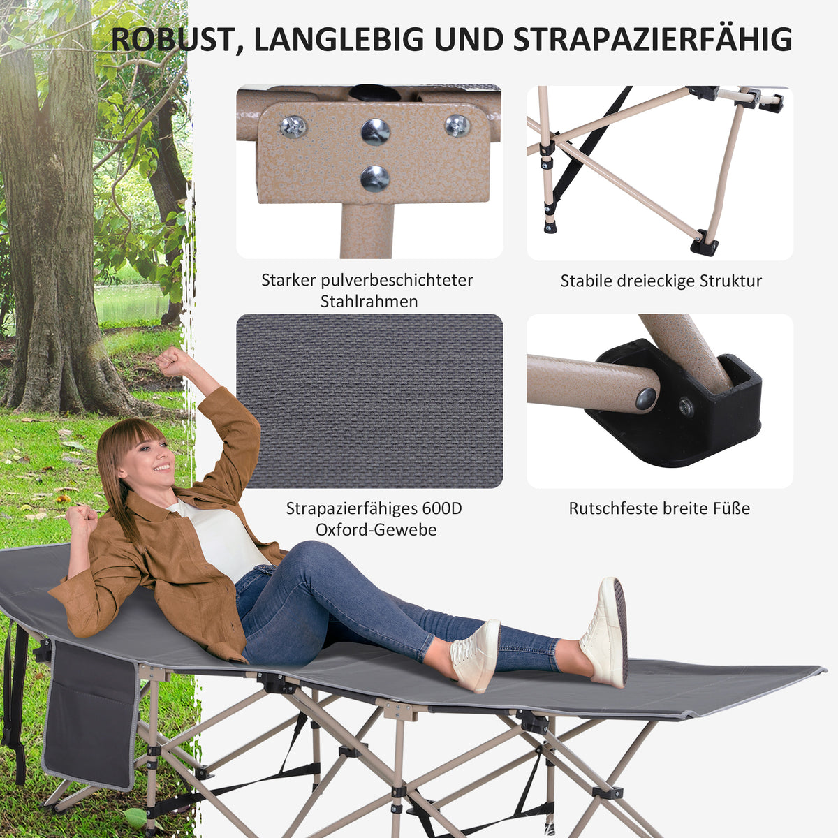 Outsunny Feldbett, Campingbett, klappbar, wetterbeständig, ink. Tragetasche, 190 x 68 x 52 cm, Grau