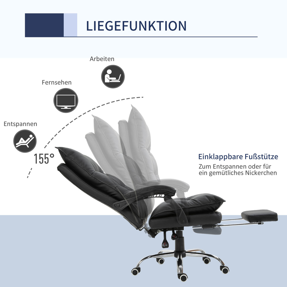 Vinsetto Bürostuhl mit Liegefunktion, ergonomisch Schreibtischstuhl, höhenverstellbar Drehstuhl mit Fußstütze, gepolstert, bis 135 kg belastbar, für Büro, Arbeitszimmer, Schwarz