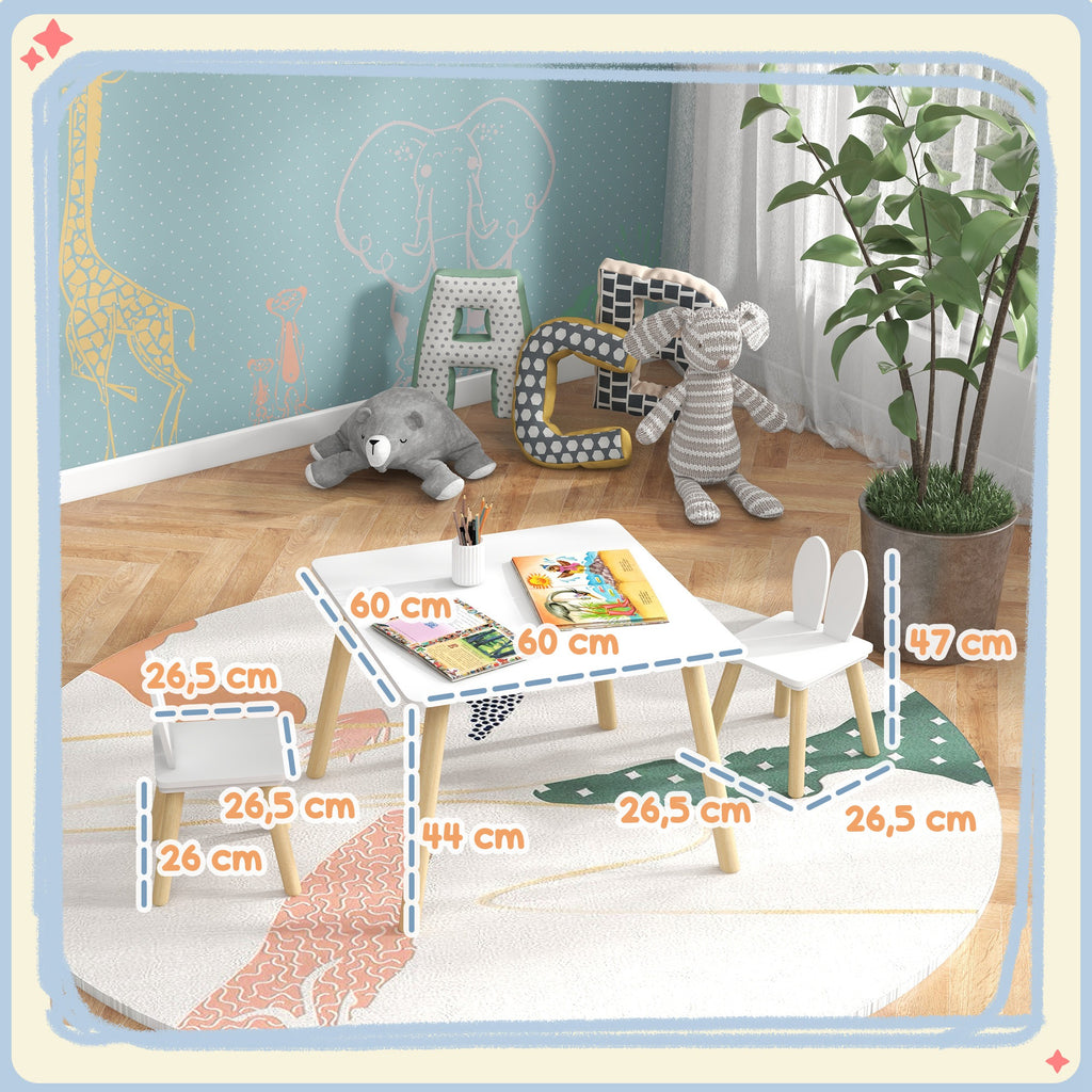 AIYAPLAY Kinder-Tisch- und 2-Stühle-Set skandinavisches Design mit Hasenohrenmuster Kieferholz Weiß