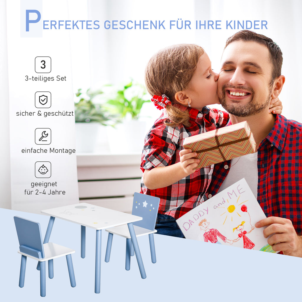 HOMCOM 3-tlg. Kindersitzgruppe mit Kindertisch Kinderstuhl Kindermöbel aus Holz Sitzgruppe Kinder für Kleinkind Mädchen Junge Holz Blau+Weiß 60 x 40 x 43 cm
