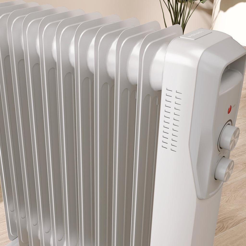 HOMCOM Ölradiator 2500W, leiser elektrischer Heizkörper, 3 einstellbare Wärmestufen, Rollen, weiß