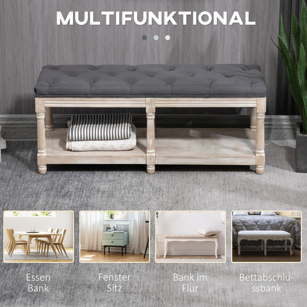 HOMCOM Sitzbank mit Stauraum, Vintage-Design, Knopfheftung, Kautschukbaumholz, 115x40x48cm, Grau