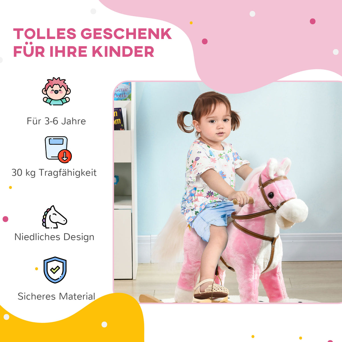 HOMCOM Schaukelpferd, Sattel mit Steigbügeln, Soundeffekte, Musik, Plüschkörper, Metallrahmen, bis 30 kg, pink