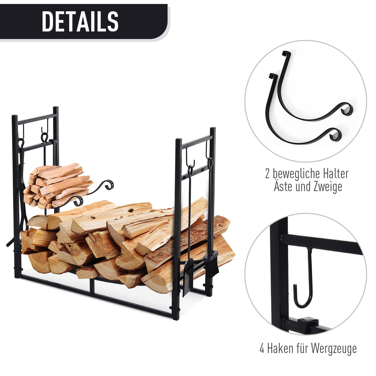 Outsunny Kaminholzregal Holzständer Holzablage mit 4 Haken 2 Schichten Metall Schwarz 84 x 33 x 76 cm