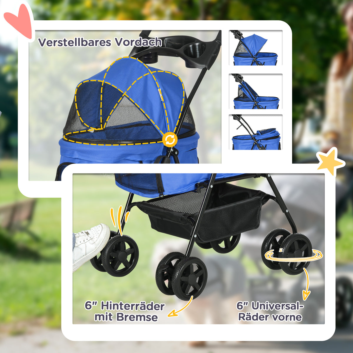 PawHut Hundebuggy Hundewagen bis 4 kg Klappbar Netzfenster Bodenkorb Becherhalter abnehmbares Dach blau 67 x 45 x 96 cm