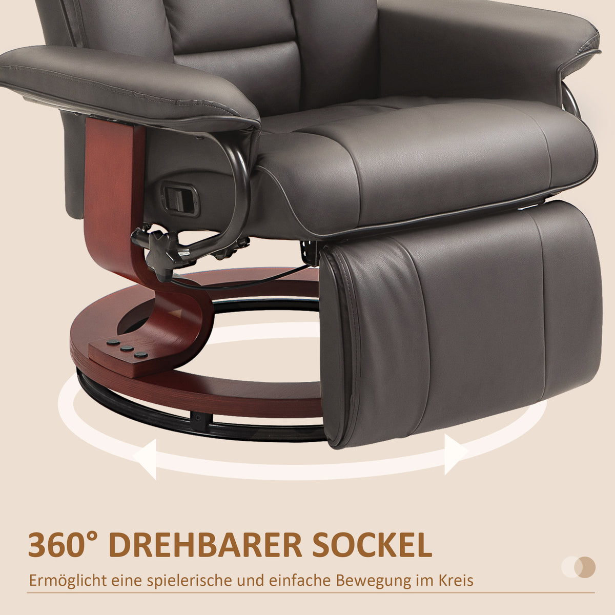 HOMCOM Relaxsessel mit Liegefunktion, drehbar, bis 150 kg, Kunstlederbezug, Stahlrahmen, Braun